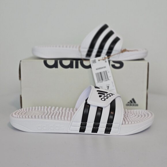 adidas Adissage Slides Sandals Size 6 White Black Unisex NEW - Picture 1 of 6